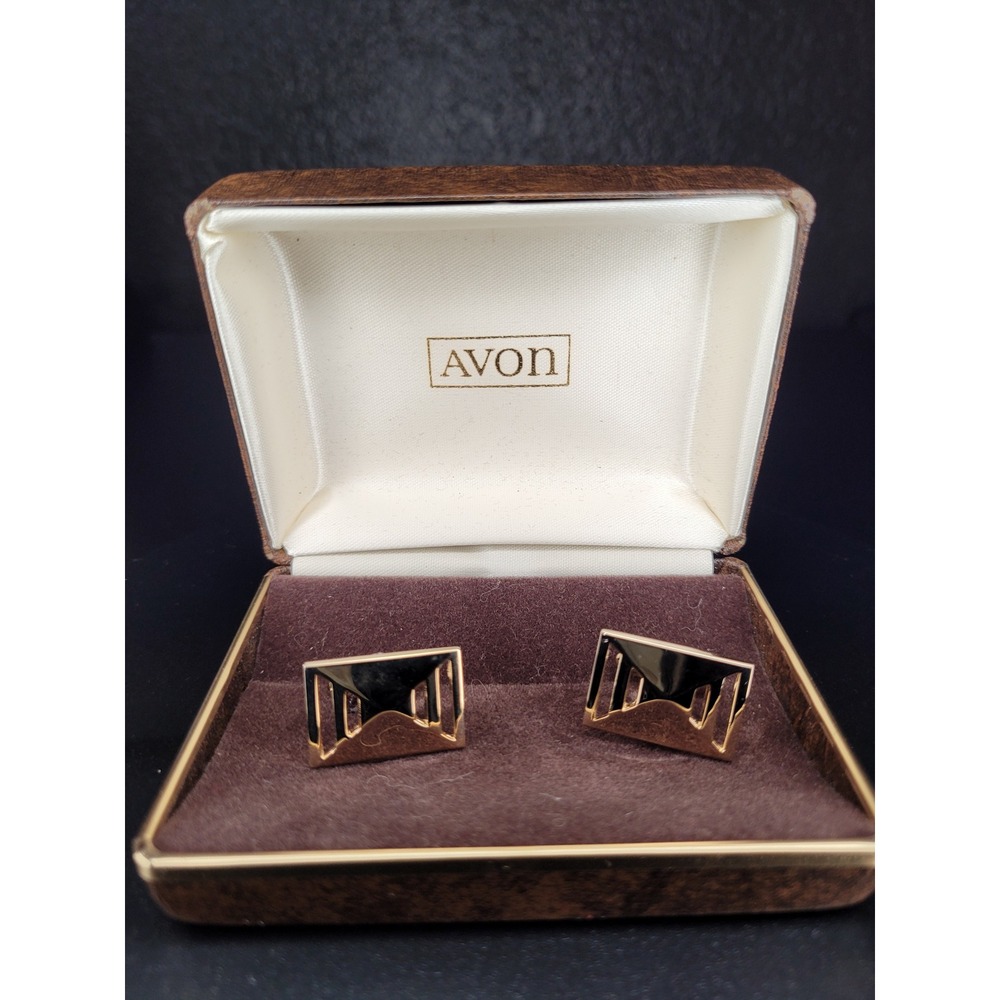 Avon Cufflinks Gold Tone Rectangular Geometric Black Inlay With Box Excellent